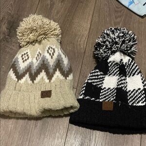 CC Beige and Black Pom Pom Beanie Duo